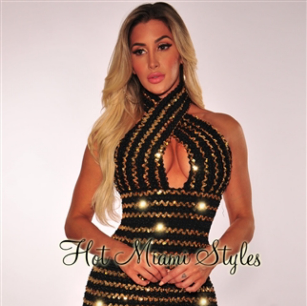 Black Gold Sequins Halter Open Back Dress